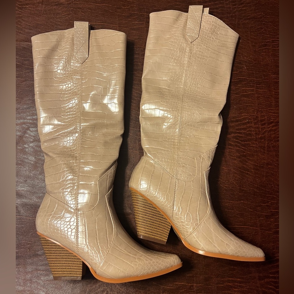 High Heeled Faux Leather Croc Boots